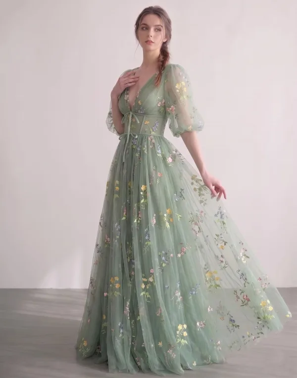Fée Des Fleurs Vert Cendré Brodé Florale Tulle Robe De Bal Col v profond Robe De Cérémonie
