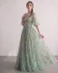 Fée Des Fleurs Vert Cendré Brodé Florale Tulle Robe De Bal Col v profond Robe De Cérémonie