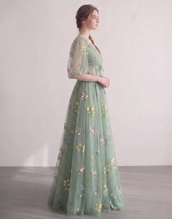 Fée Des Fleurs Vert Cendré Brodé Florale Tulle Robe De Bal Col v profond Robe De Cérémonie