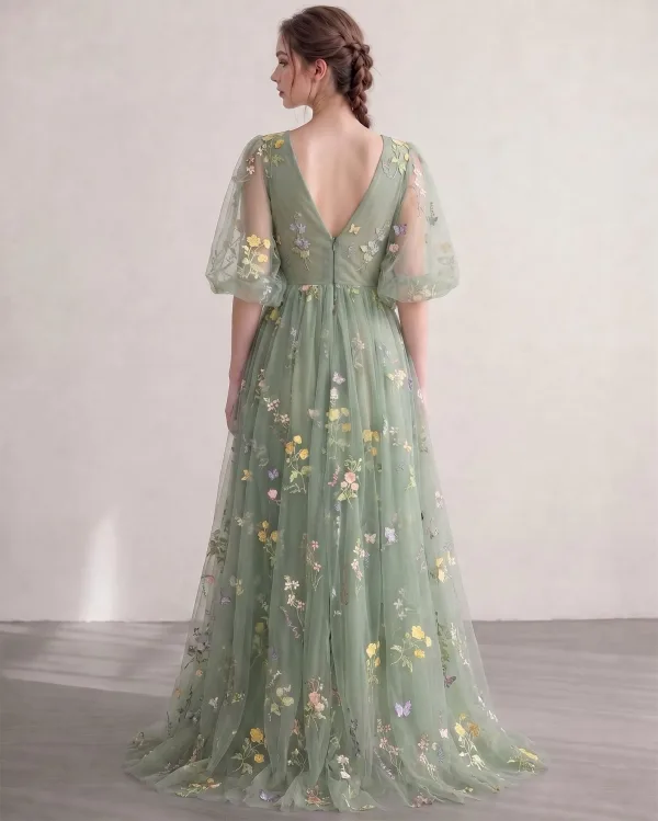 Fée Des Fleurs Vert Cendré Brodé Florale Tulle Robe De Bal Col v profond Robe De Cérémonie