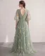 Fée Des Fleurs Vert Cendré Brodé Florale Tulle Robe De Bal Col v profond Robe De Cérémonie