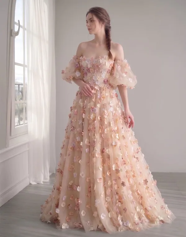 Fairytale Champagne 3D Lace Flower A-Line / Princess Prom Dresses Removable sleeves