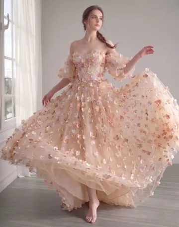 Eventyr Champagne 3d Lace Blomst Prinsesse Ballkjoler Avtakbare Ermer