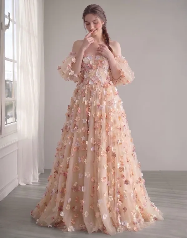 Fairytale Champagne 3D Lace Flower A-Line / Princess Prom Dresses Removable sleeves