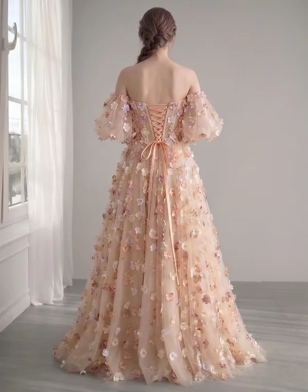 Fairytale Champagne 3D Lace Flower A-Line / Princess Prom Dresses Removable sleeves