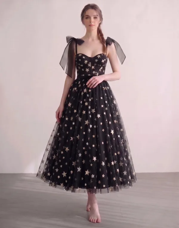 Stjernehimmel Sorte Guld Stjerne Gallakjoler Sweetheart Midi Prinsesse Graduation Kjoler 2026