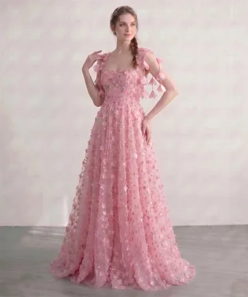 Blomsterfe Lyserød Tulle 3d Blonde Blomster Gallakjoler 2026 Sweetheart Ærmeløs Prinsesse