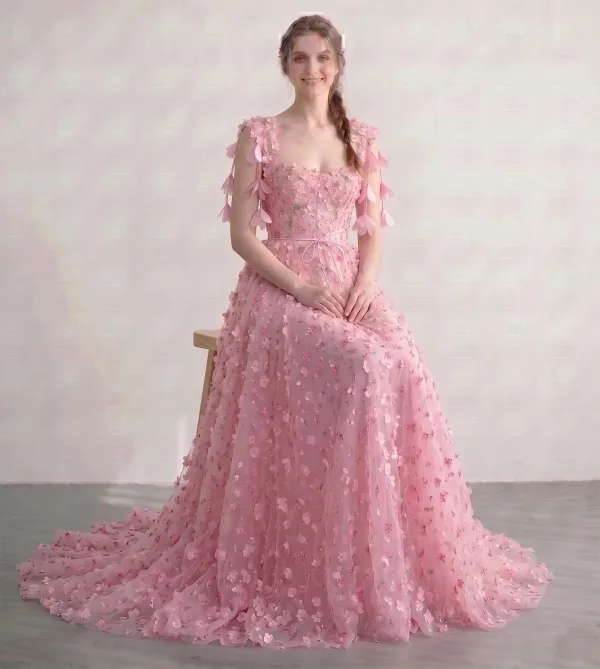 Flower Fairy Blushing Pink Tulle 3D Lace Floral Prom Dresses 2026 Sweetheart Sleeveless A-Line / Princess
