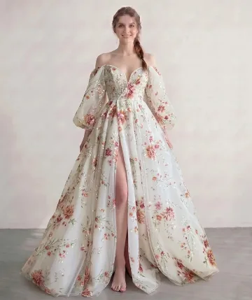 Gammal Hollywood Ivory Pailletter Blomsten Tulle Gallakjoler Split Foran Kjoler 2026