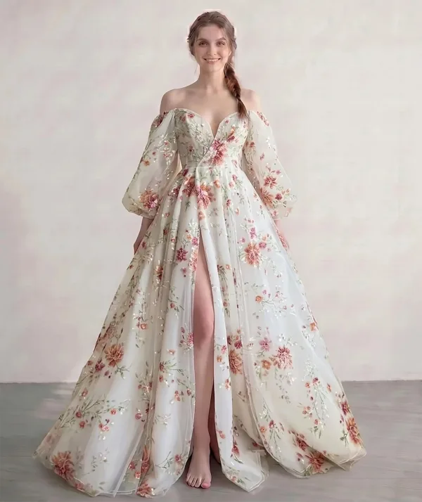 Old Hollywood Ivory Sequins Flower Tulle Prom Dresses Split Front Formal Dresses 2026