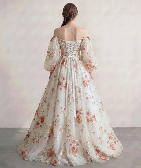 Old Hollywood Ivory Sequins Flower Tulle Prom Dresses Split Front Formal Dresses 2026