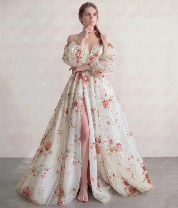 Old Hollywood Ivory Sequins Flower Tulle Prom Dresses Split Front Formal Dresses 2026