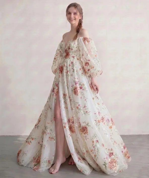 Old Hollywood Ivory Sequins Flower Tulle Prom Dresses Split Front Formal Dresses 2026