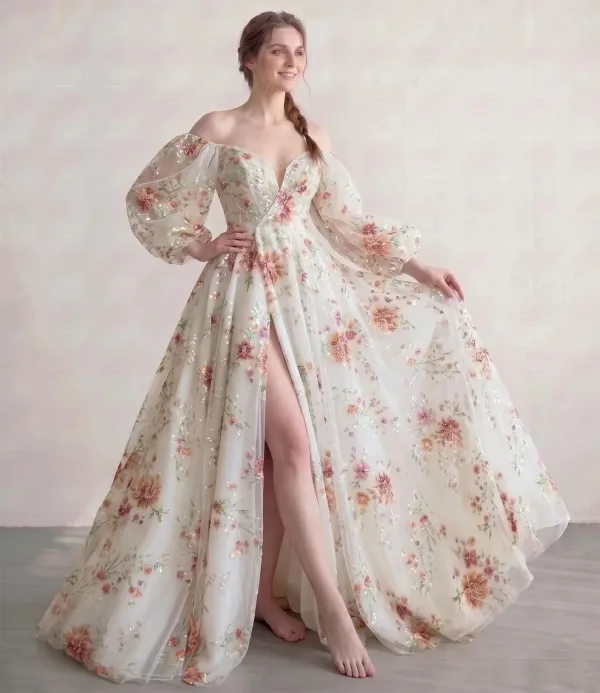 Old Hollywood Ivory Sequins Flower Tulle Prom Dresses Split Front Formal Dresses 2026
