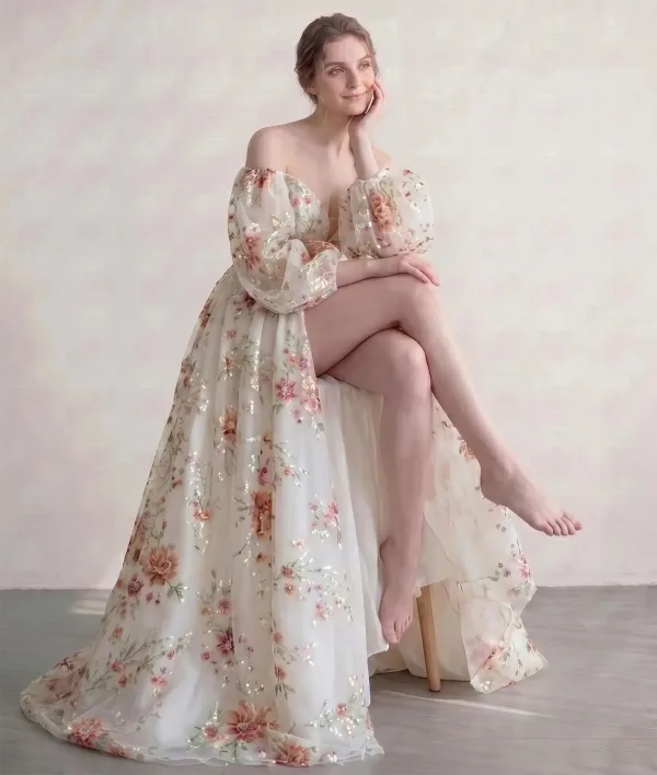 Old Hollywood Ivory Sequins Flower Tulle Prom Dresses Split Front Formal Dresses 2026