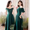 Modest / Simple Dark Green Satin Bridesmaid Dresses 2022 A-Line / Princess Short Sleeve Backless Floor-Length / Long
