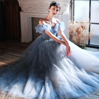 Chic Belle Bleu Ciel Paillettes Robe De Bal 2022 Princesse De L Épaule Manches Courtes Dos Nu Longue Robe De Ceremonie