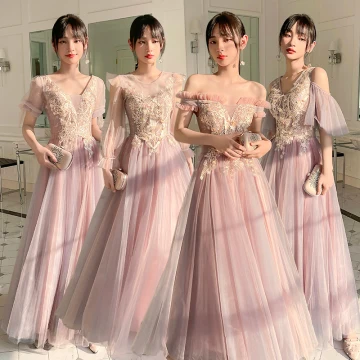 Chic Beautiful Blushing Pink Lace Flower Bridesmaid Dresses 2023 A Line Princess Short Sleeve Backless Floor Length Long Bridesmaid Dresses