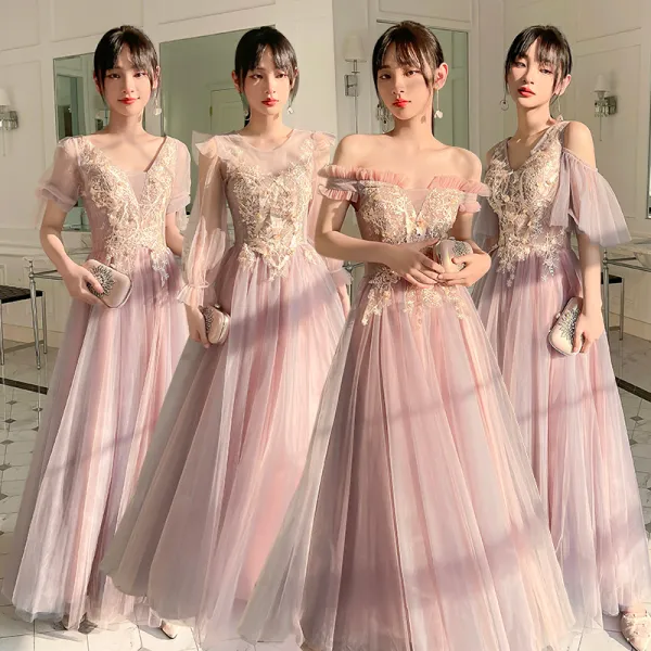 Chic / Beautiful Blushing Pink Lace Flower Bridesmaid Dresses 2023 A-Line / Princess Short Sleeve Backless Floor-Length / Long Bridesmaid Dresses