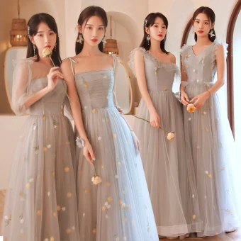 Modest Simple Grey Lace Flower Bridesmaid Dresses 2023 A Line Princess Short Sleeve Backless Floor Length Long Bridesmaid Dresses