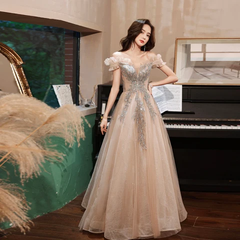 Encantador Brillante Caqui Lentejuelas Vestidos de gala 2022 A-Line / Princess Ruffle Fuera Del Hombro Rebordear Manga Corta Sin Espalda Largos Vestidos Formales