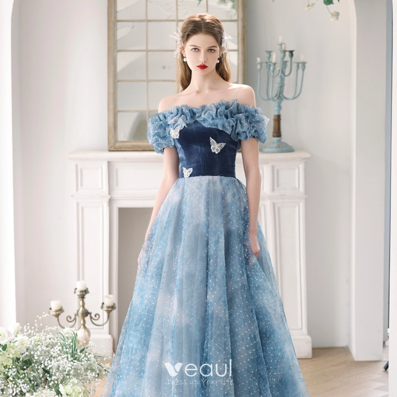 Fashion Ocean Blue Pearl Butterfly Spotted Prom Dresses 2023 A-Line / Princess Ruffle Off-The-Shoulder Short Sleeve Backless Floor-Length / Long Prom Formal Dresses Fashion Ocean Blue Pearl Butterfly Spotted Prom Dresses 2023 A-Line / Princess Ruffle Off-The-Shoulder Short Sleeve Backless Floor-Length / Long Prom Formal Dresses