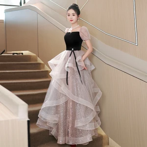 Chic Beautiful Black Cascading Ruffles Sequins Evening Dresses 2023 A Line Princess Square Neckline Short Sleeve Backless Floor Length Long Prom Formal Dresses