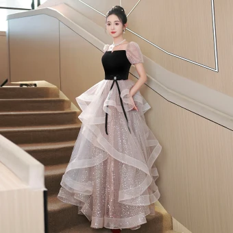 Hermoso Negro Volantes En Cascada Lentejuelas Vestidos De Noche 2023 A Line Princess Escote Cuadrado Manga Corta Sin Espalda Largos Gala Vestidos Formales
