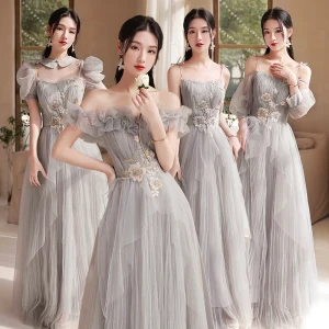 Simple Gris En Dentelle Fleur Robe Demoiselle D Honneur 2022 Princesse Manches Courtes Dos Nu Longue Robe Pour Mariage