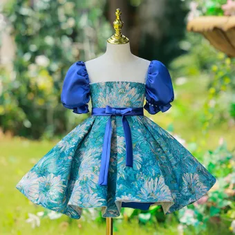 Chic Belle Bleu Impression Robe Ceremonie Fille 2022 Princesse Encolure Dégagée Gonflée Manches Courtes Noeud Ceinture Longue Robe Ceremonie Fille