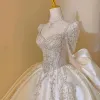 Vintage / Retro Ivory Beading Rhinestone Sequins Satin Wedding Dresses 2024 Ball Gown Square Neckline Long Sleeve Backless Bow Court Train Wedding