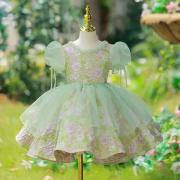 Chic Belle Vert Cendré Fleur Promo Courte Robe Ceremonie Fille 2022 Robe Boule Perle Encolure Dégagée Gonflée Manches Courtes Dos Nu Robe Ceremonie Fille