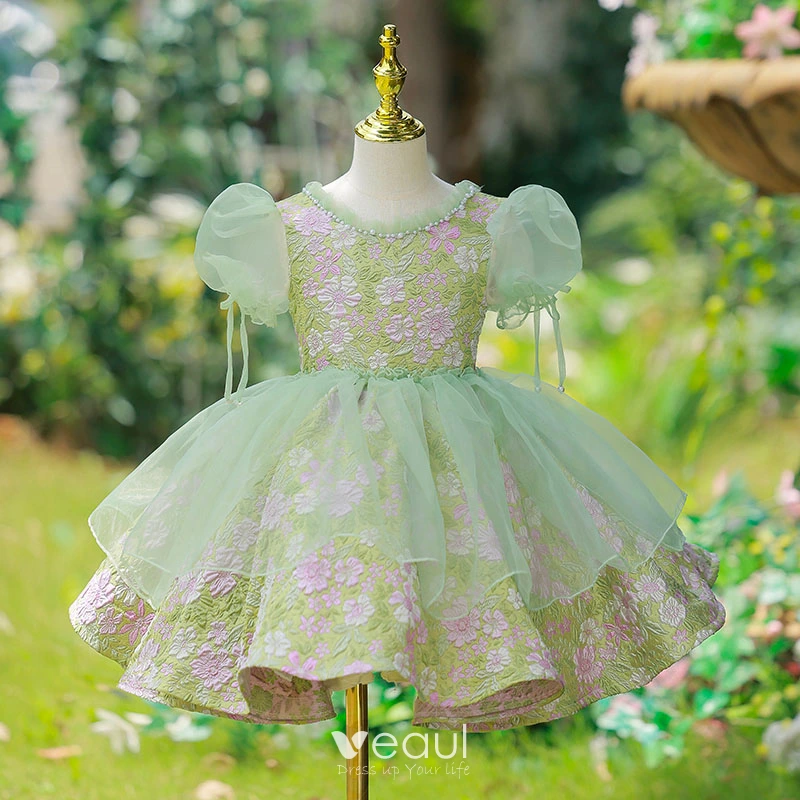 Chic / Beautiful Sage Green Flower Prom Short Flower Girl Dresses 2022 Ball  Gown Pearl Scoop Neck Puffy Short Sleeve Backless Flower Girl Dresses
