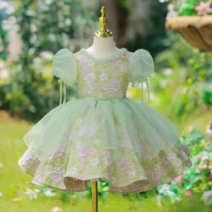 Hermoso Verde Salvia Flor Gala Cortos Vestidos Para Niñas 2022 Ball Gown Perla Scoop Escote Hinchado Manga Corta Sin Espalda Vestidos Para Niñas
