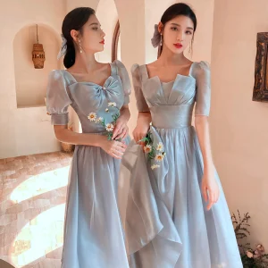 Simple Gris Robe Demoiselle D Honneur 2022 Princesse Manches Courtes Dos Nu Longue Demoiselle D Honneur Robe Pour Mariage