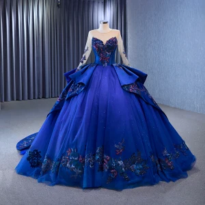 Vintage Originale Haut De Gamme Bleu Marine Fait Main Perlage Paillettes En Dentelle Fleur Robe De Bal 2023 Princesse Encolure Dégagée Manches Longues Dos Nu Chapel Train