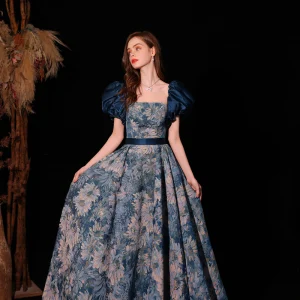 Vintage Retro Ocean Blue Prom Dresses 2022 A Line Princess Square Neckline Puffy Short Sleeve Sash Backless Floor Length Long Prom Formal Dresses