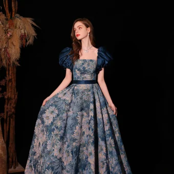 Vintage Originale Océan Bleu Robe De Bal 2022 Princesse Encolure Carrée Gonflée Manches Courtes Ceinture Dos Nu Longue Promo Robe De Ceremonie