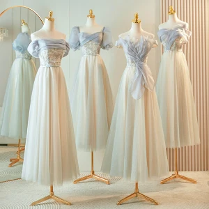 Chic Belle Gris Perlage Robe Demoiselle D Honneur 2023 Princesse Manches Courtes Dos Nu Longue Robe Demoiselle D Honneur