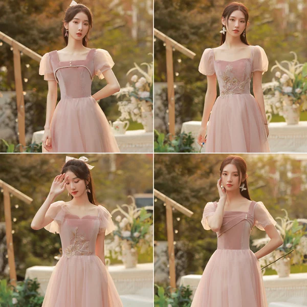 Simple Rougissant Rose Robe Demoiselle D'honneur 2022 Princesse Encolure Carrée Manches Courtes Dos Nu Longue Robe Pour Mariage
