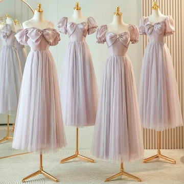 Modest Simple Lavender Bridesmaid Dresses 2023 A Line Princess Square Neckline Bow Puffy Short Sleeve Backless Floor Length Long Bridesmaid Dresses