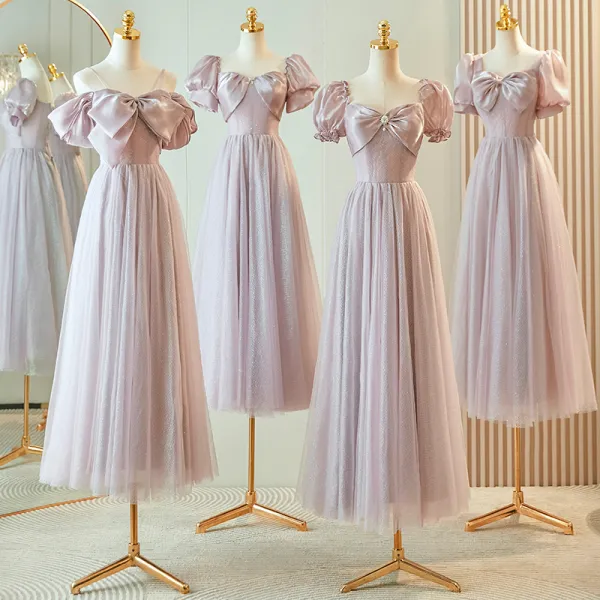 Modest / Simple Lavender Bridesmaid Dresses 2023 A-Line / Princess Square Neckline Bow Puffy Short Sleeve Backless Floor-Length / Long Bridesmaid Dresses