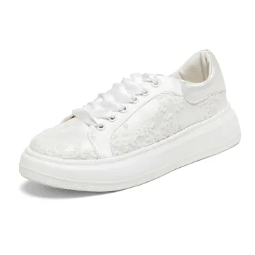 Chic Belle Ivoire En Dentelle Baskets Chaussure De Mariée 2024 4 Cm Plateforme À Bout Rond Mariage Chaussures Femmes