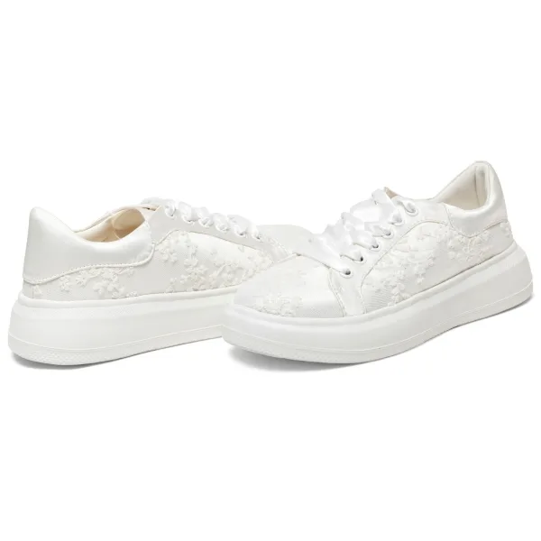 Chic / Belle Ivoire En Dentelle Baskets Chaussure De Mariée 2024 4 cm Plateforme À Bout Rond Mariage Chaussures Femmes