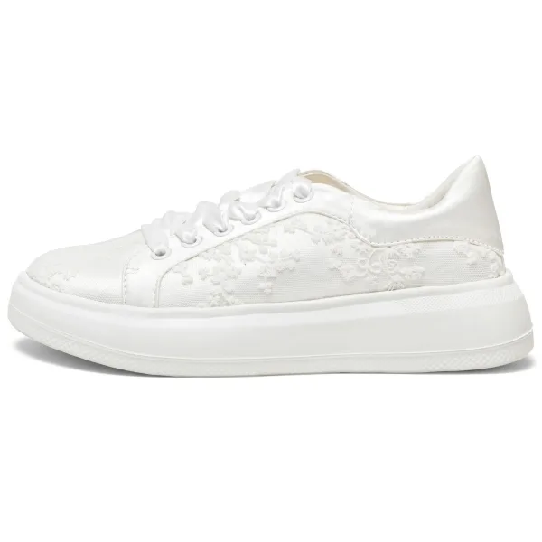 Chic / Belle Ivoire En Dentelle Baskets Chaussure De Mariée 2024 4 cm Plateforme À Bout Rond Mariage Chaussures Femmes