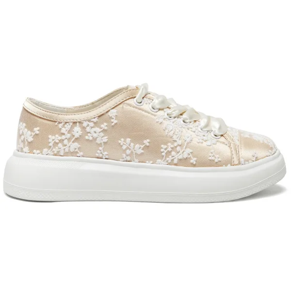 Chic / Belle Chaussure De Mariée Champagne En Dentelle Fleur Mariage Baskets 2024 4 cm Plateforme À Bout Rond Chaussure De Mariée