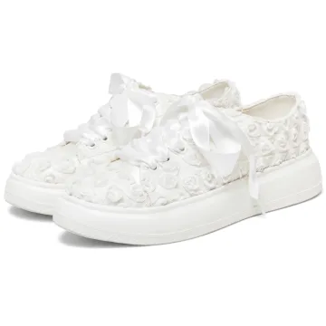 Mode Ivoire En Dentelle Rose Chaussure De Mariée Mariage Baskets 2024 4 Cm Plateforme À Bout Rond Chaussure De Mariée