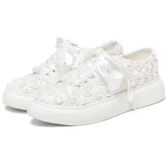 Fashion Ivory Lace Rose Wedding Shoes Wedding Sneakers 2024 4 Cm Platform Round Toe Wedding Shoes