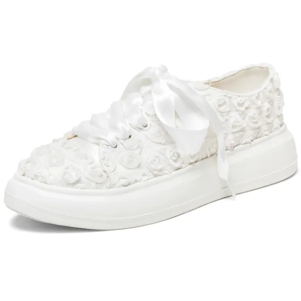 Mode Ivoire En Dentelle Rose Chaussure De Mariée Mariage Baskets 2024 4 cm Plateforme À Bout Rond Chaussure De Mariée
