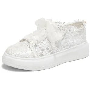 Élégant Ivoire Noeud En Dentelle Fleur Mariage Baskets 2024 4 Cm Plateforme À Bout Rond Chaussure De Mariée